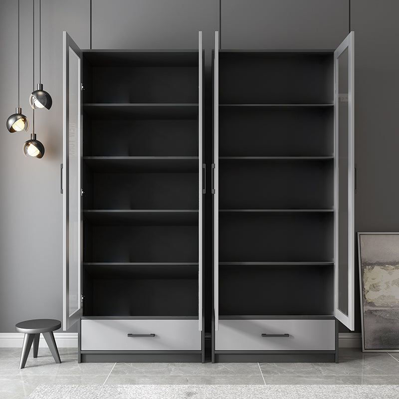 Faux Wood Modern Storage Cabinet Glass Doors Display Cabinet with Drawer for Living Room