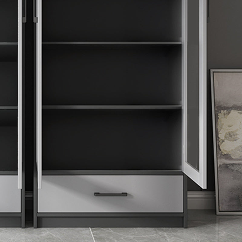 Faux Wood Modern Storage Cabinet Glass Doors Display Cabinet with Drawer for Living Room