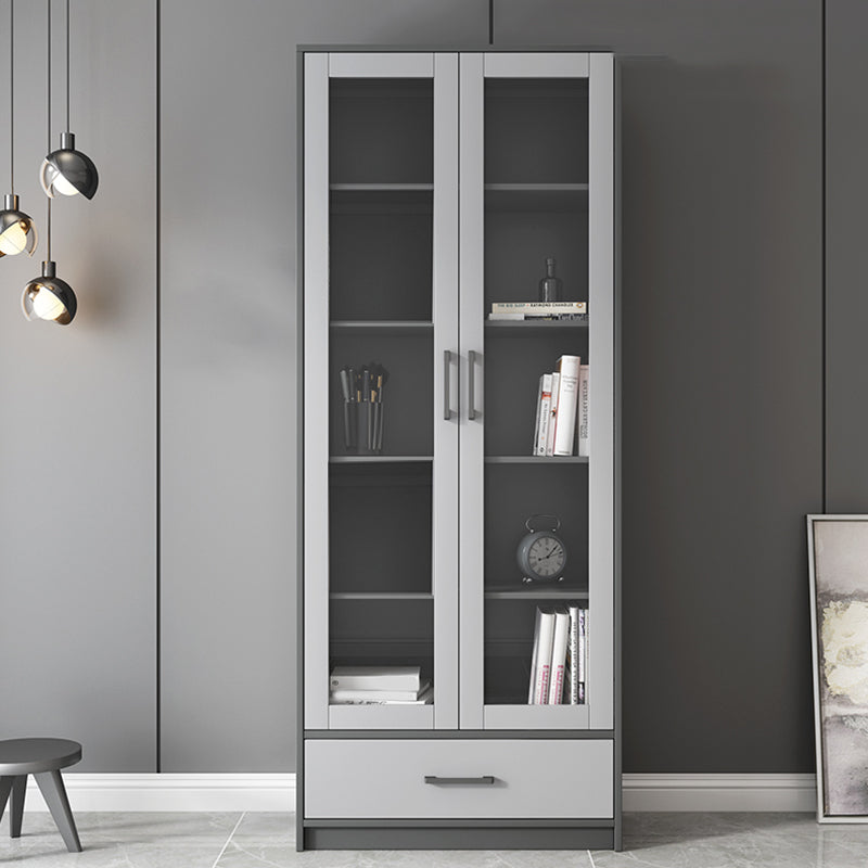 Faux Wood Modern Storage Cabinet Glass Doors Display Cabinet with Drawer for Living Room