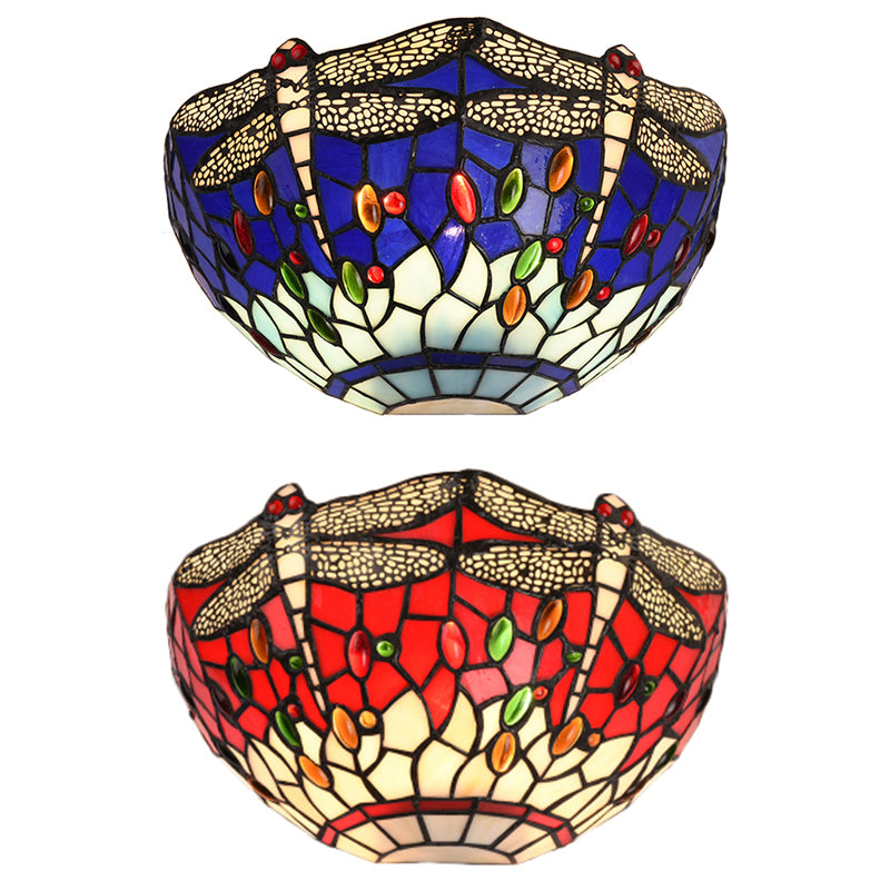 Half-Bowl Wall Light with Dragonfly and Jewel Tiffany Stained Glass Wall Sconce in Red/Blue for Cafe