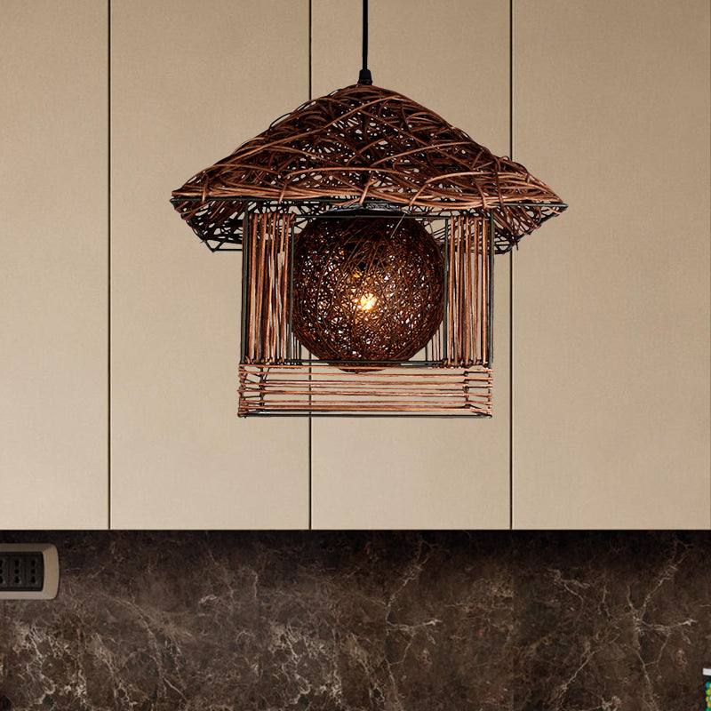 Beige/Brown/White House Shaped Hanging Light Rustic Rattan 1 Head Drop Light for Dining Room