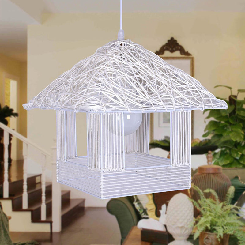 Beige/Brown/White House Shaped Hanging Light Rustic Rattan 1 Head Drop Light for Dining Room