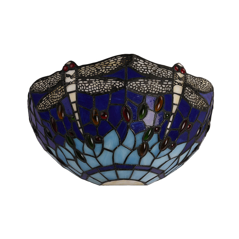 Half-Bowl Wall Light with Dragonfly and Jewel Tiffany Stained Glass Wall Sconce in Red/Blue for Cafe