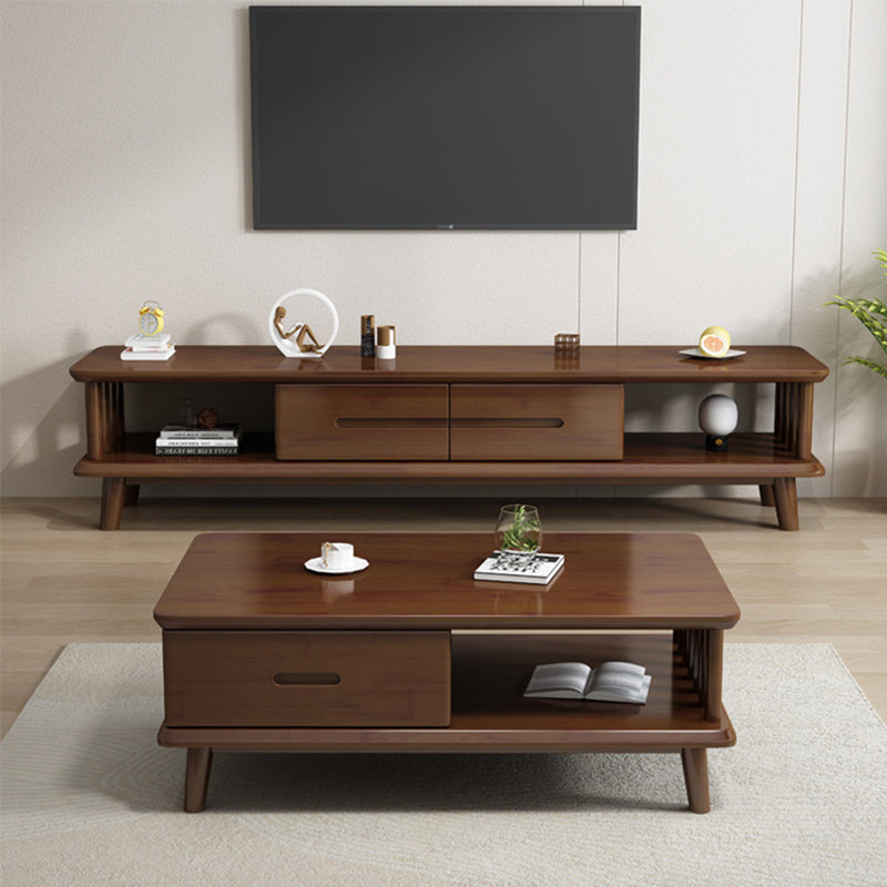 Contemporary Solid Wood TV Console 2-open Shelf TV Stand with Drawers