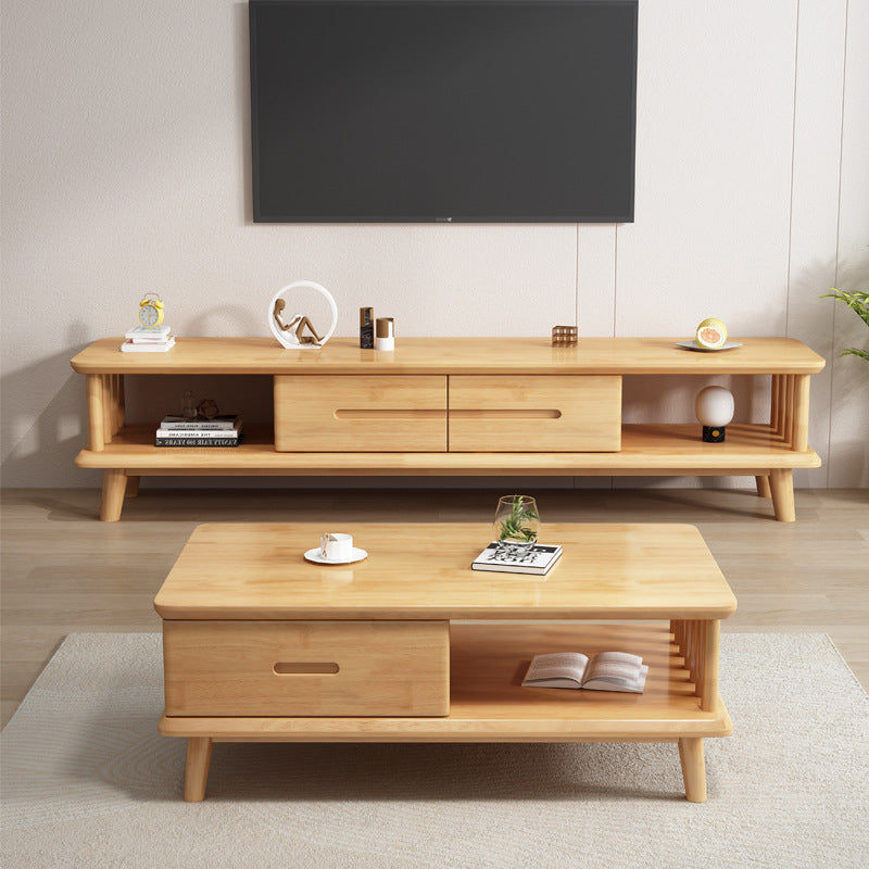 Contemporary Solid Wood TV Console 2-open Shelf TV Stand with Drawers