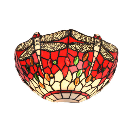 Half-Bowl Wall Light with Dragonfly and Jewel Tiffany Stained Glass Wall Sconce in Red/Blue for Cafe
