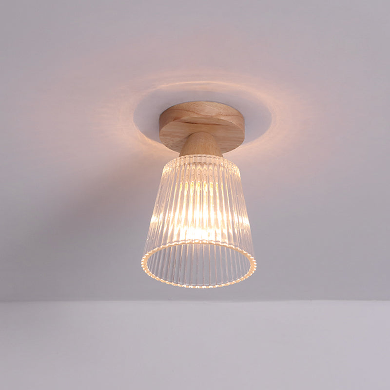 Simple 1-Light Ceiling Light Wooden Ceiling Mount Light with Glass Shade for Living Room