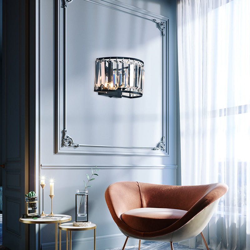 Black Metal Wall Sconce Geometric Shape Wall Light with Crystal Shade for Bedroom