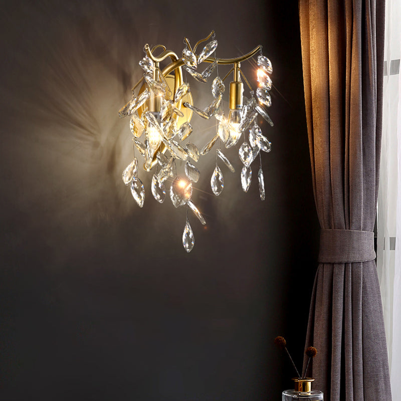 Gold Metal Modern Wall Sconce Geometric Shape Wall Light with Crystal Shade for Bedroom