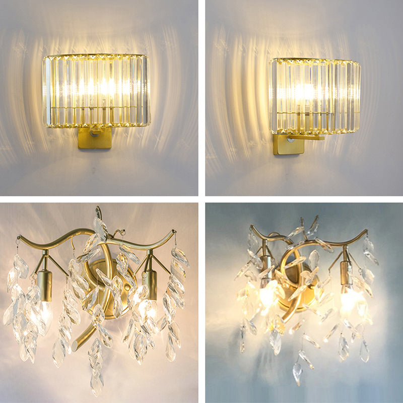 Gold Metal Modern Wall Sconce Geometric Shape Wall Light with Crystal Shade for Bedroom