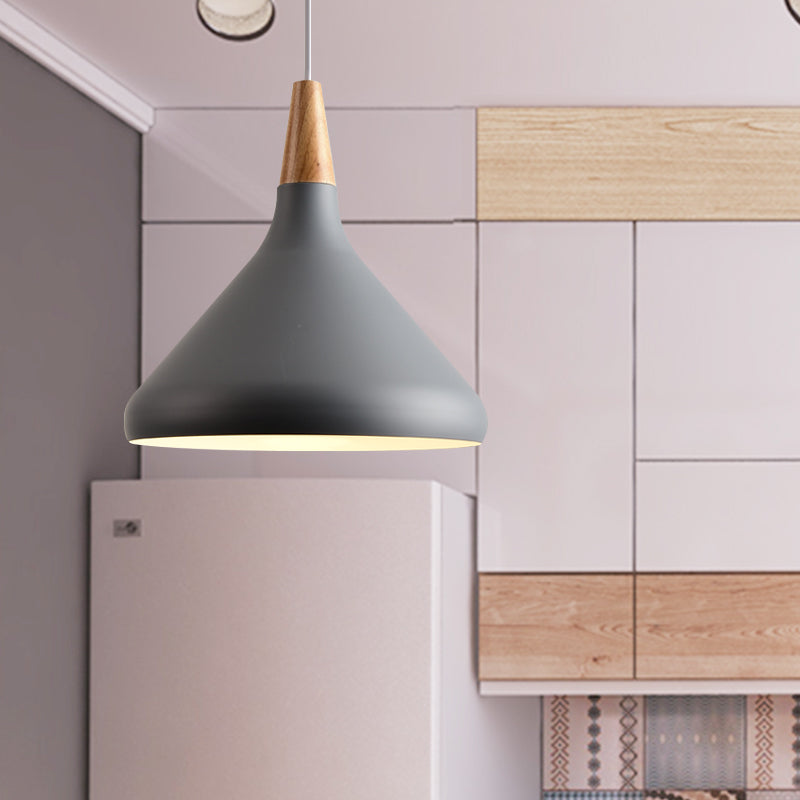 7"/11"/15" W Cone Dining Table Pendant Lighting Simple Style Metallic 1 Head Hanging Lamp with Adjustable Cord in Black/Grey/White