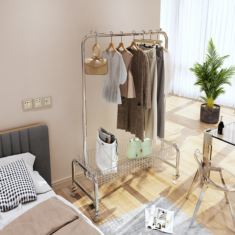 Industrial Coat Hanger Silver Metal Storage Coat Rack with Castors