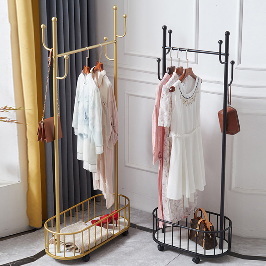 Popular Metal Coat Hanger Storage Basket Solid Color Coat Rack with Castors