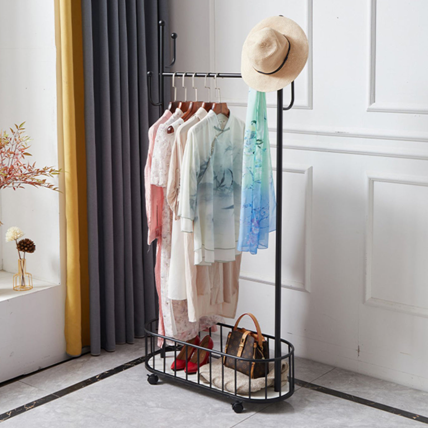 Popular Metal Coat Hanger Storage Basket Solid Color Coat Rack with Castors