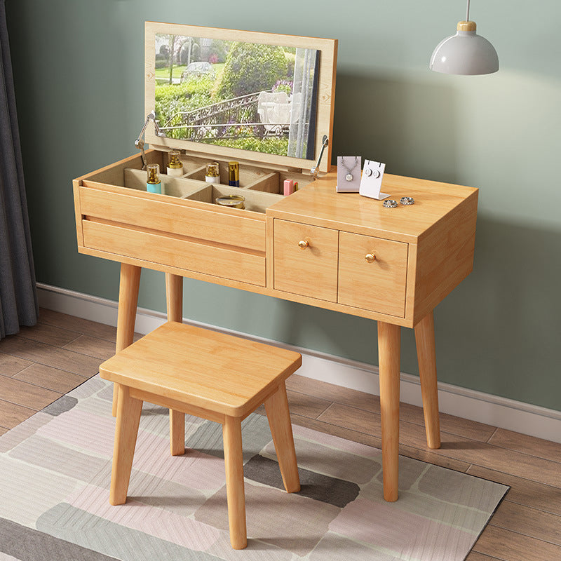 Flip Single Mirror Vanity Desk 3 Drawers Rubber Wood Dresser