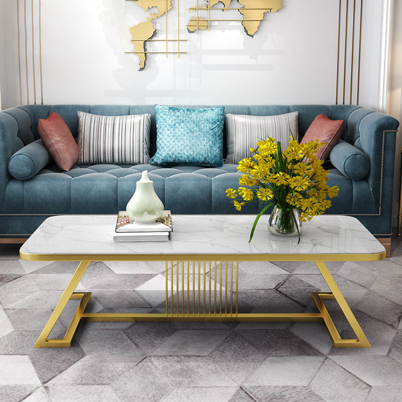 Glam Style Coffee Table with Trestle Base and Marble Top in Rectangle