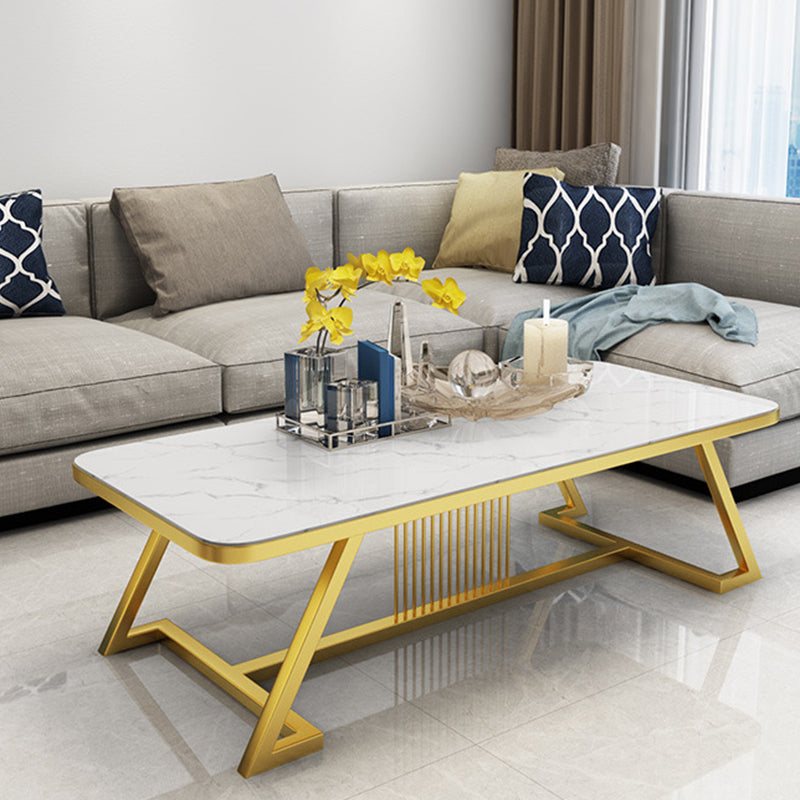 Glam Style Coffee Table with Trestle Base and Marble Top in Rectangle