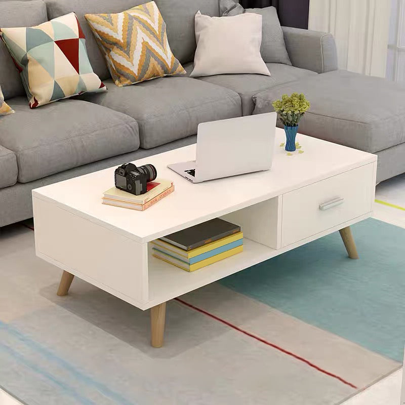 Contemporary Cocktail Table 4 Legs Wood with Drawer Rectangular Single Coffee Table