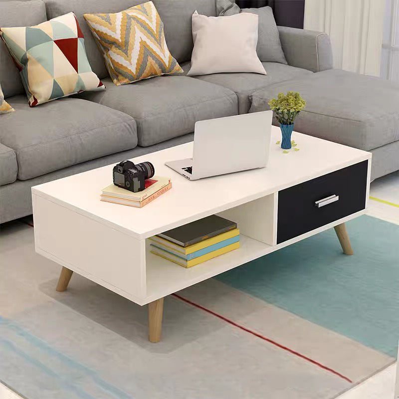 Contemporary Cocktail Table 4 Legs Wood with Drawer Rectangular Single Coffee Table