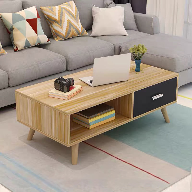 Contemporary Cocktail Table 4 Legs Wood with Drawer Rectangular Single Coffee Table