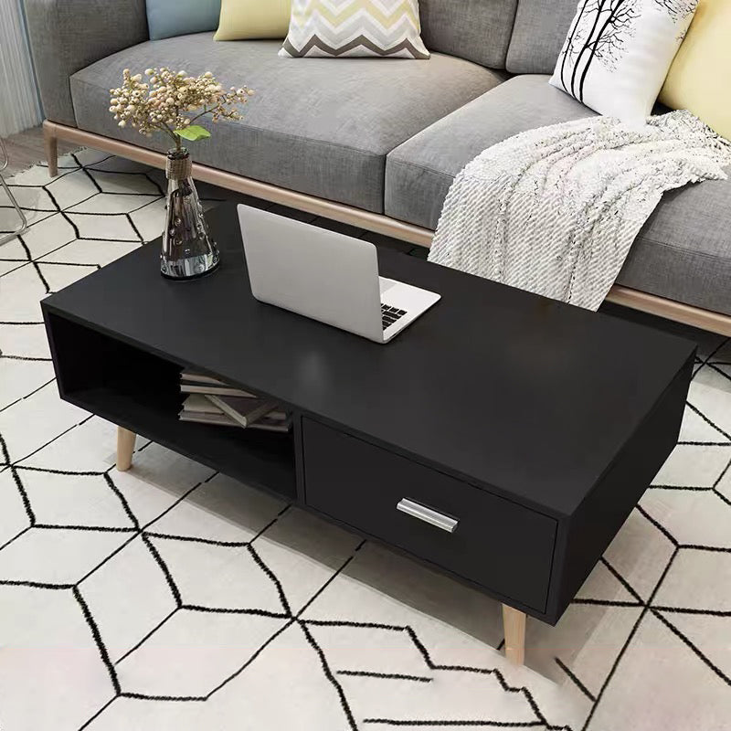Contemporary Cocktail Table 4 Legs Wood with Drawer Rectangular Single Coffee Table