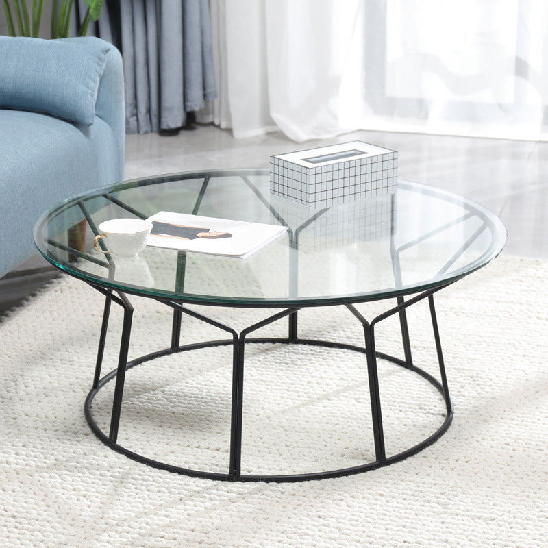 Contemporary Coffee Table with Round Glass Top and Iron Base