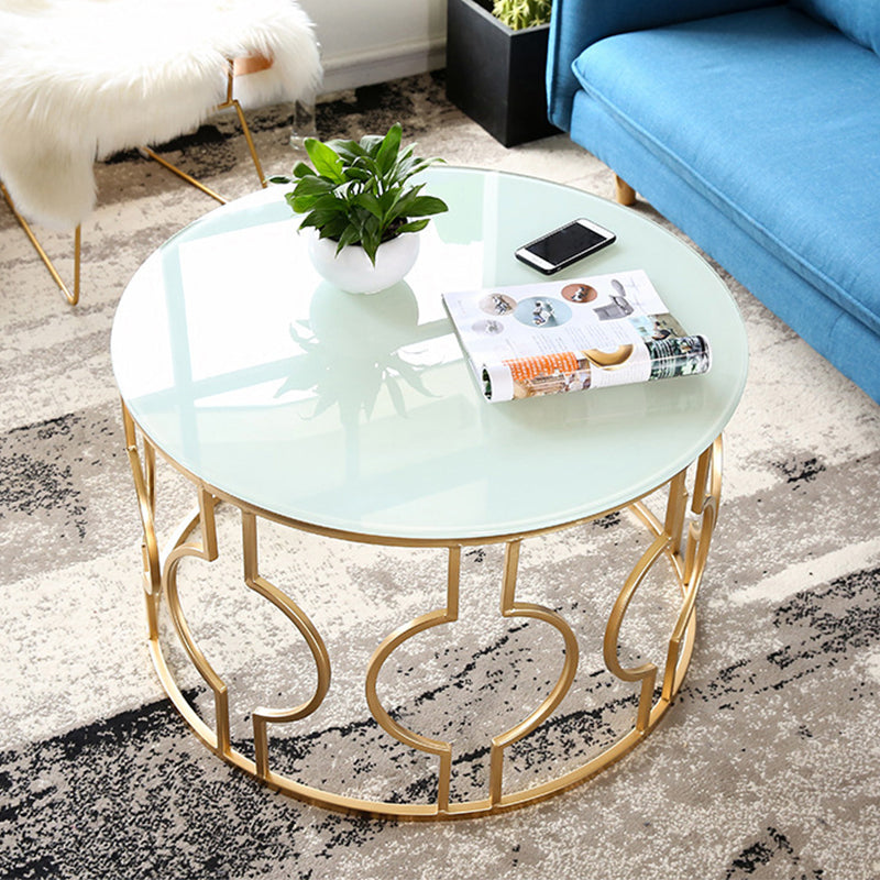 Contemporary Round Glass Coffee Table with Iron Frame Base Cocktail Table