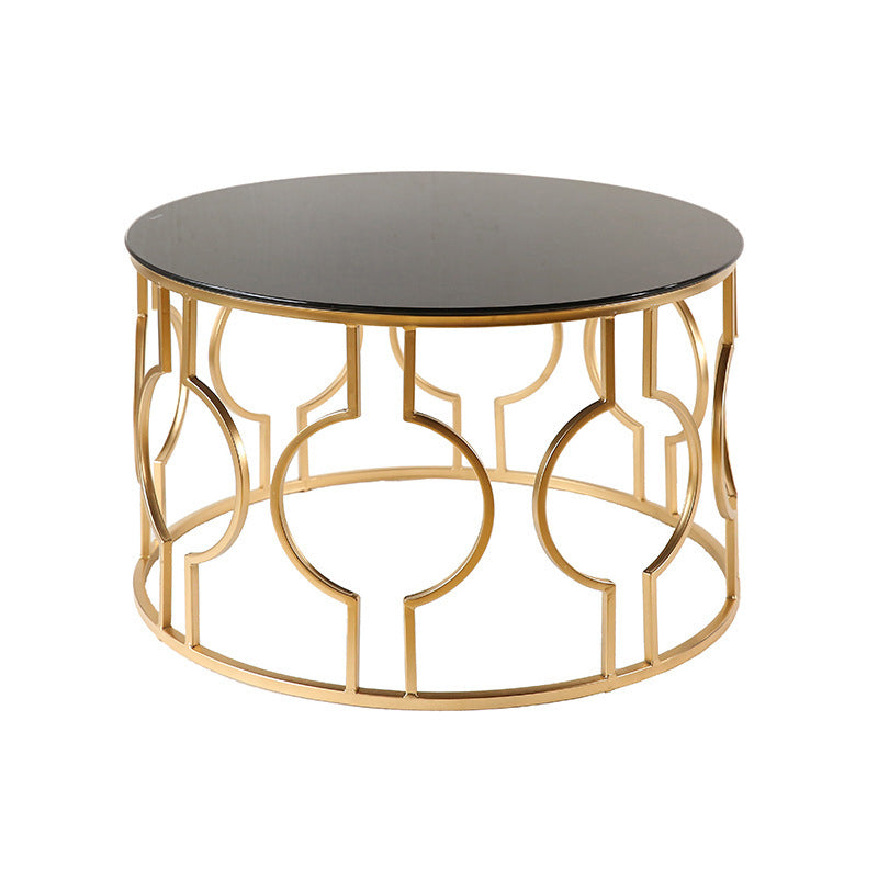 Contemporary Round Glass Coffee Table with Iron Frame Base Cocktail Table