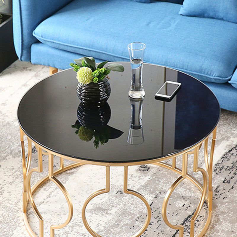Contemporary Round Glass Coffee Table with Iron Frame Base Cocktail Table