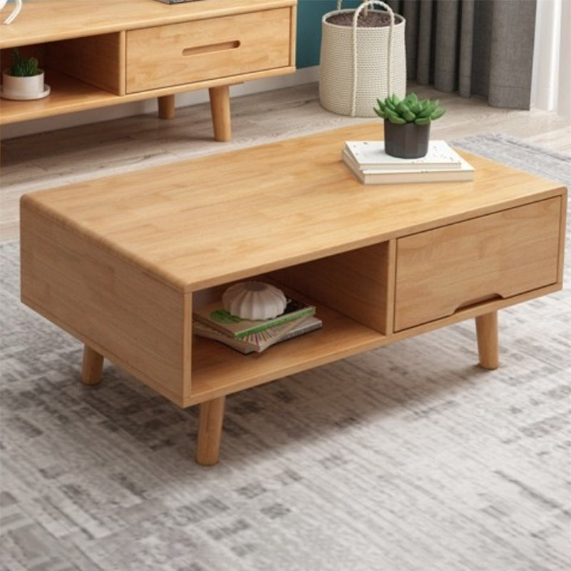 Scandinavian Rubberwood Coffee Table with 4 Straight Legs and Drawer
