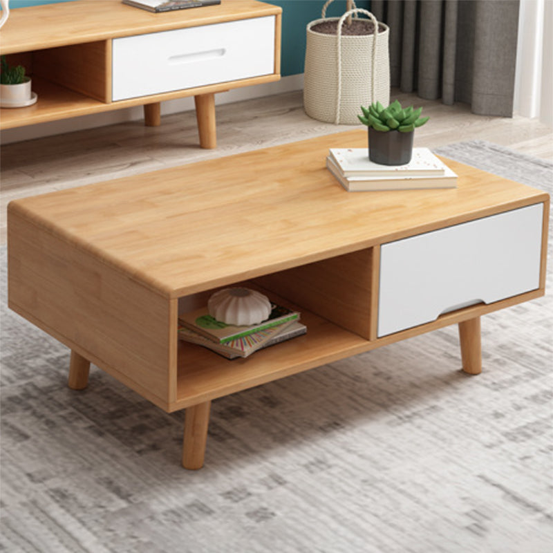 Scandinavian Rubberwood Coffee Table with 4 Straight Legs and Drawer