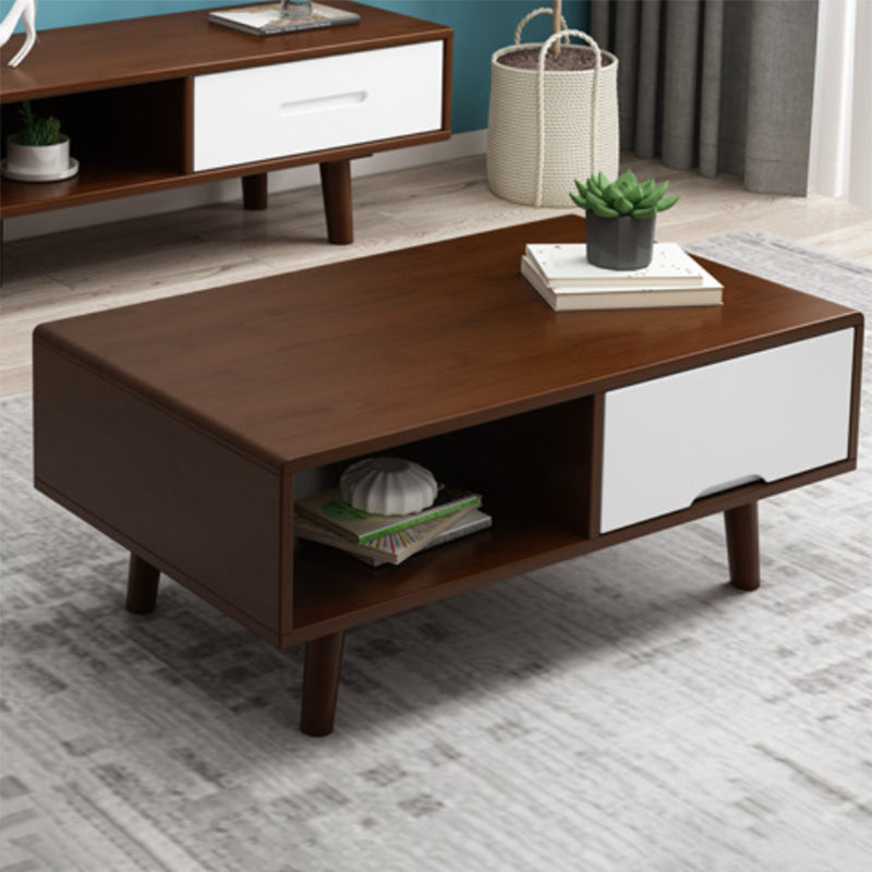 Scandinavian Rubberwood Coffee Table with 4 Straight Legs and Drawer