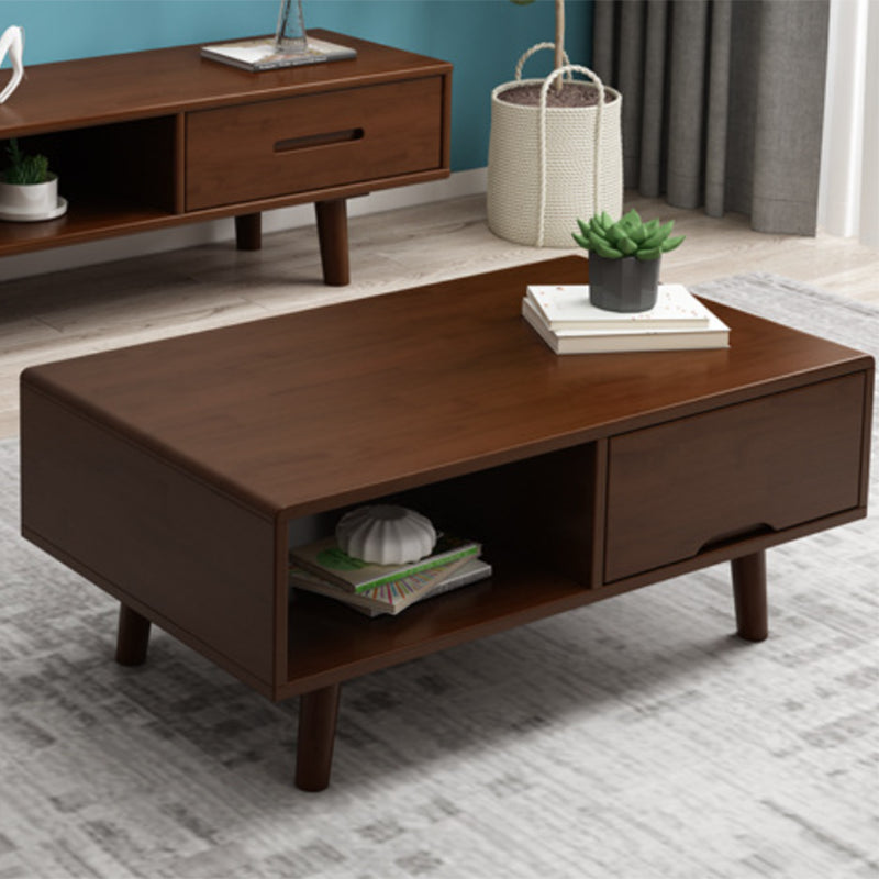 Scandinavian Rubberwood Coffee Table with 4 Straight Legs and Drawer