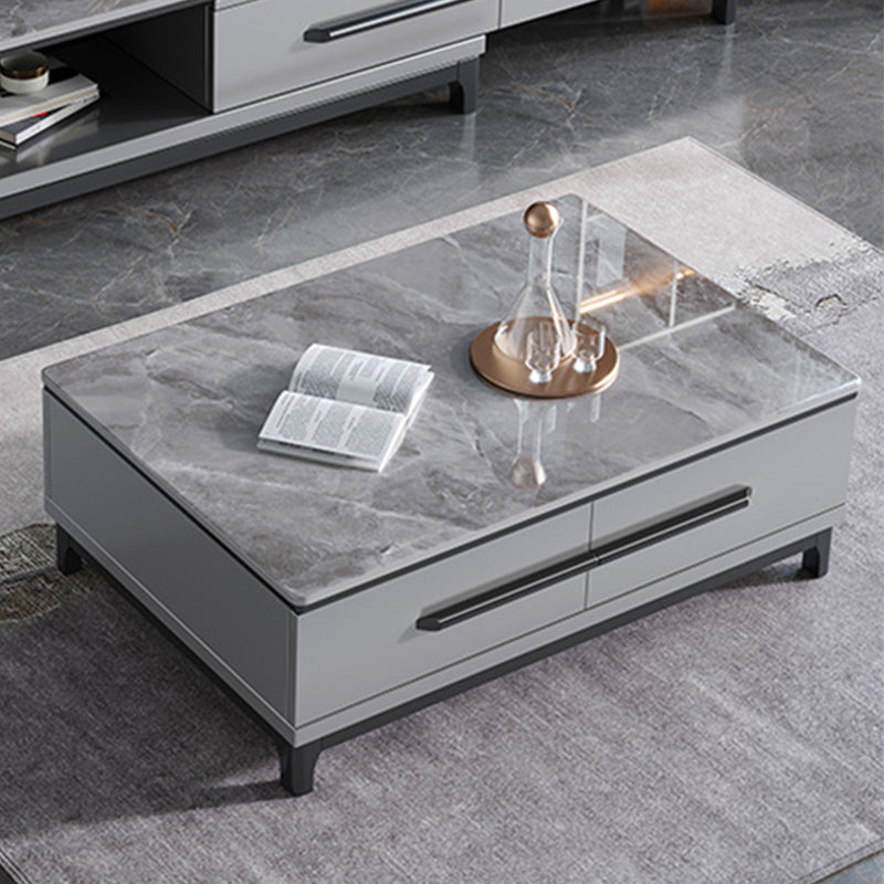 Stone Top Coffee Table with 4 Wooden Legs and 2 Drawers Cocktail Table