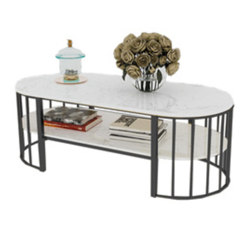 Glam Style Cocktail Table with Shelf and Stone Top and Steel Base