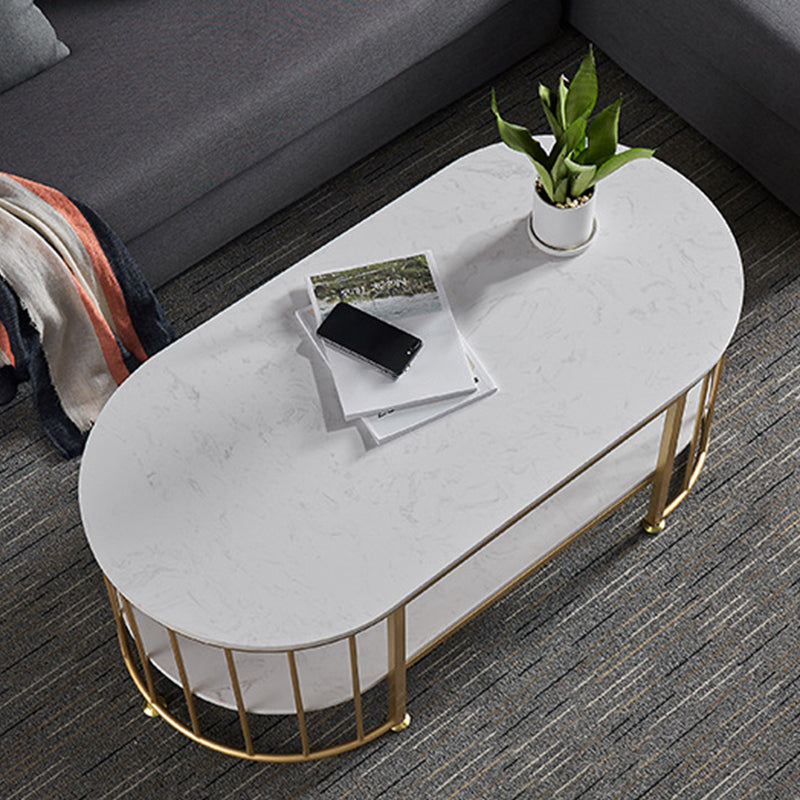 Glam Style Cocktail Table with Shelf and Stone Top and Steel Base