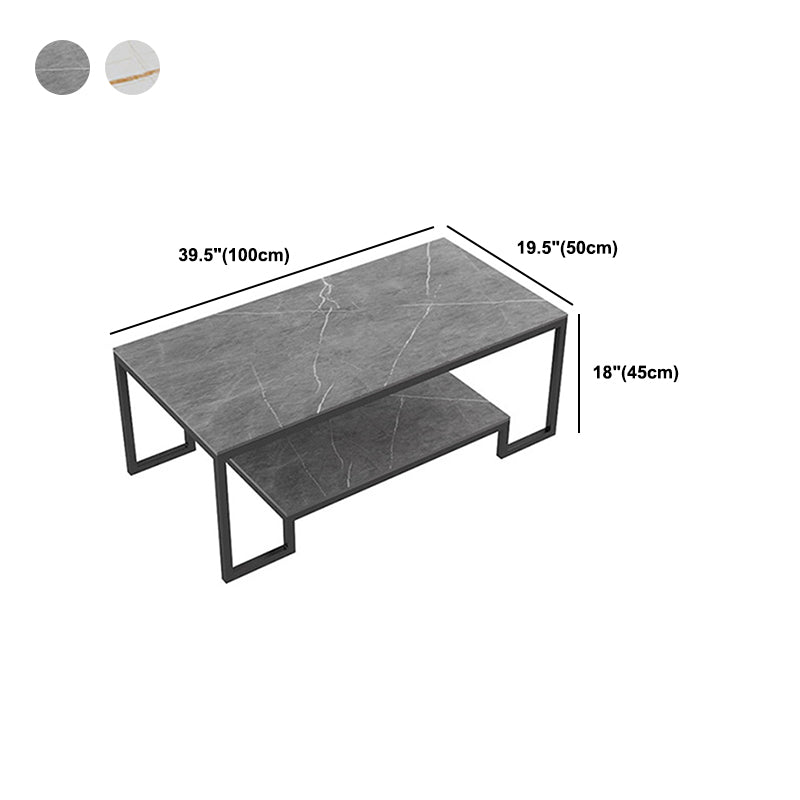 Contemporary Cocktail Table with Stone Top and Iron Base and Shelf