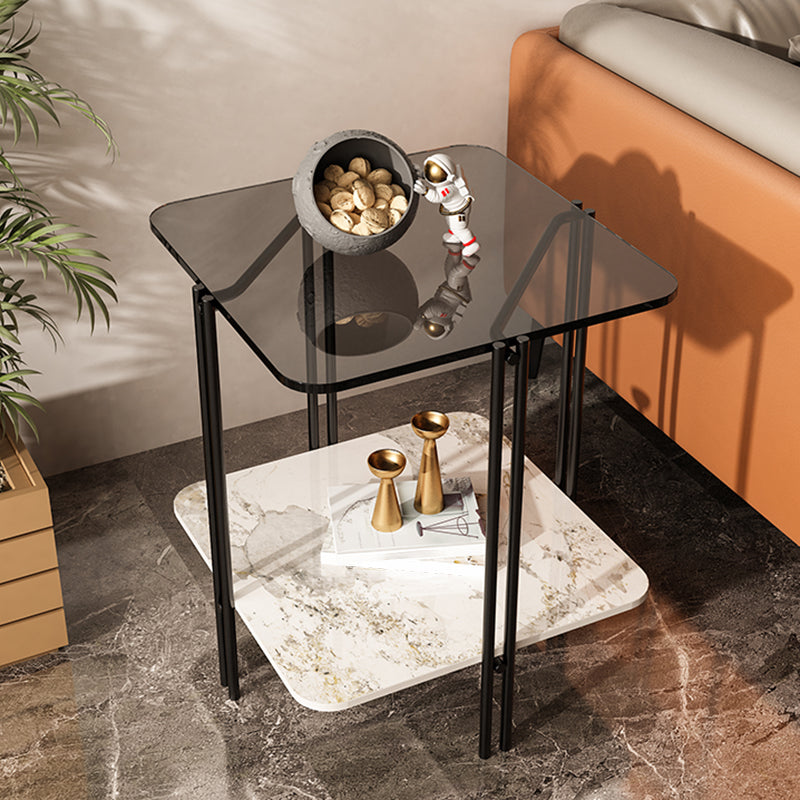 Modern Gray Glass Side End Table 4 Legs Double Tier Corner Table