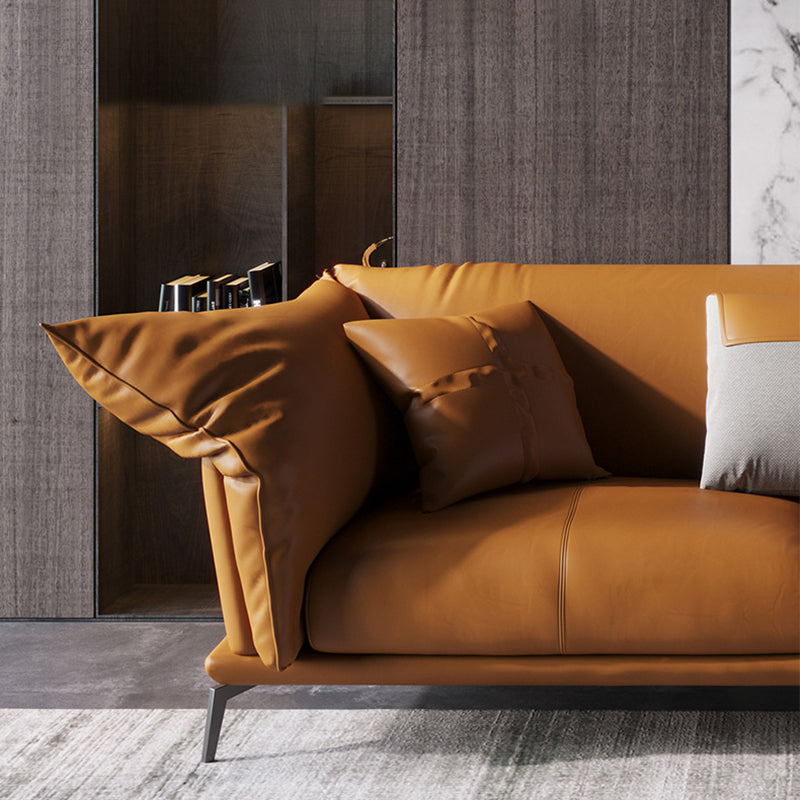 Genuine Leather Modern Orange Sofa Tuxedo Arm Sofa with Pillows
