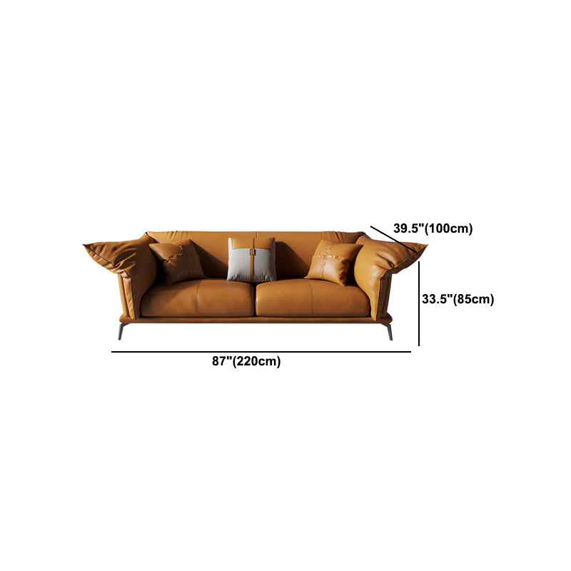 Genuine Leather Modern Orange Sofa Tuxedo Arm Sofa with Pillows