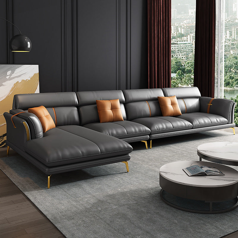 Luxurious Pillow Back Sectional Genuine Leather Flared Arm Sectional