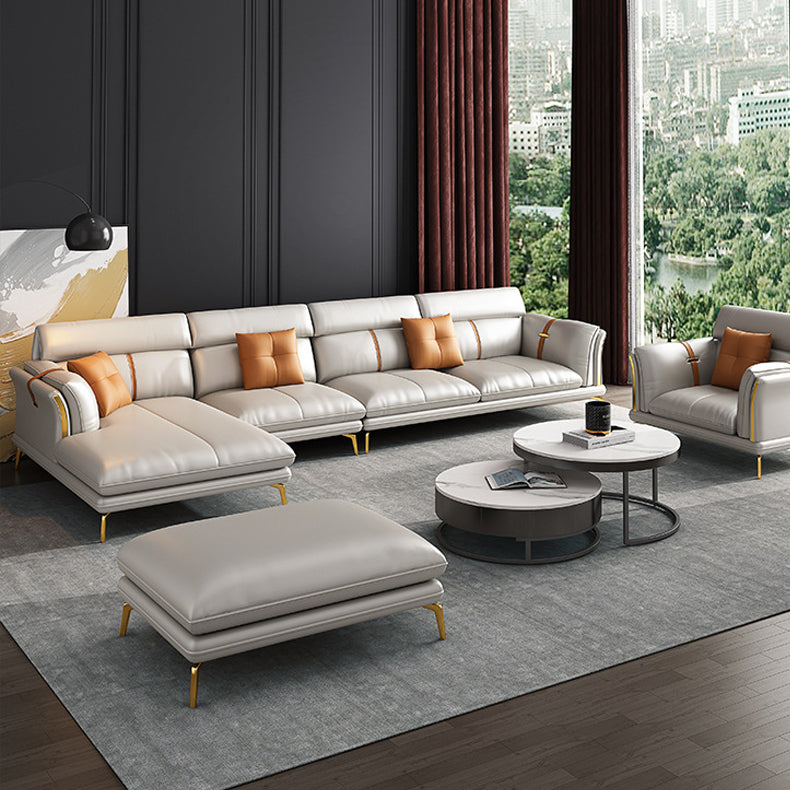 Luxurious Pillow Back Sectional Genuine Leather Flared Arm Sectional