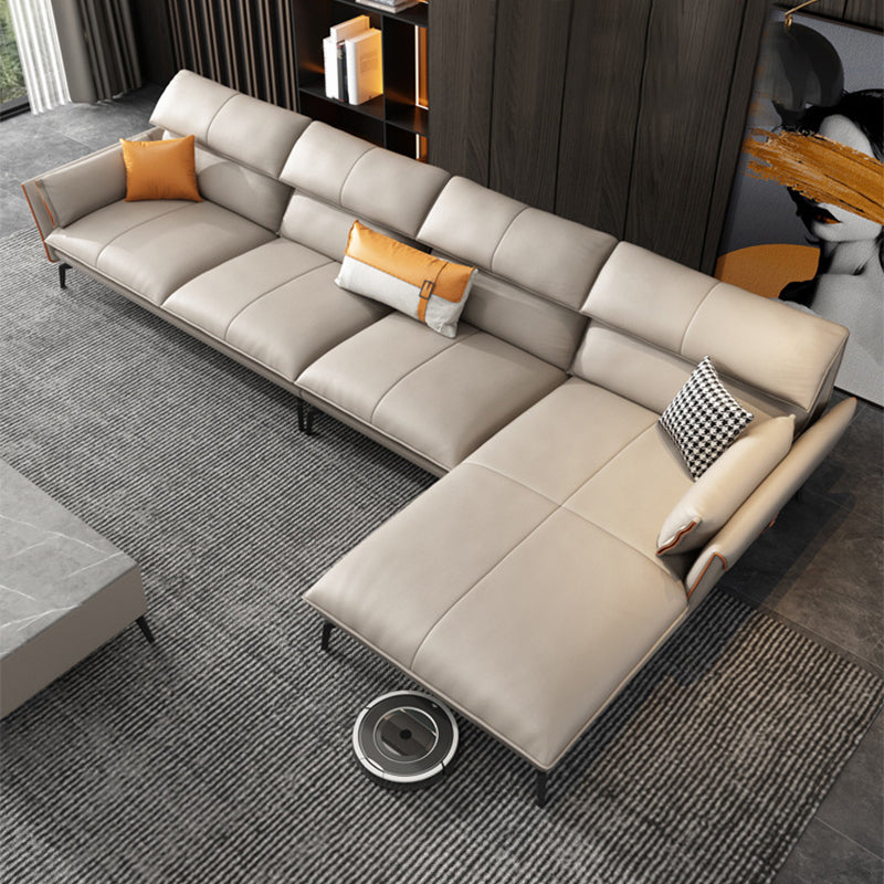 Flared Arm Genuine Leather Sectional 4-seat L-shape Sectional with Pillows