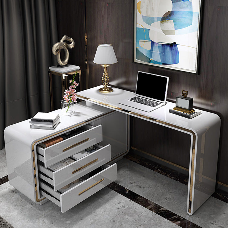 Glam Wood Computer Desk White Pedestal Writing Desk for Home