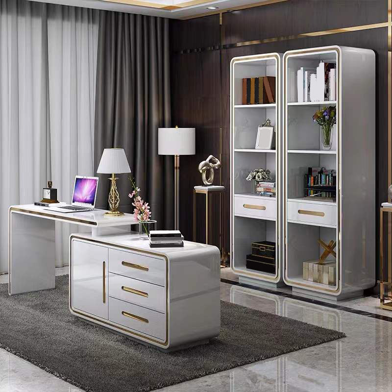 Glam Wood Computer Desk White Pedestal Writing Desk for Home