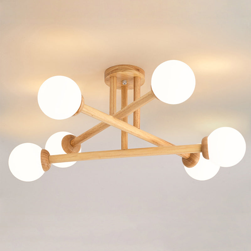 Wood Ball Shape Flush Ceiling Light Modern Multi Lights Flush Light Fixtures in Brown