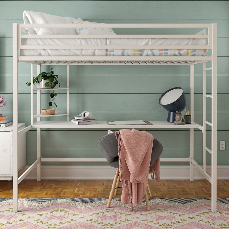 Modern High Loft Bed with Metal Guardrail and Built-In Ladder and Shelves