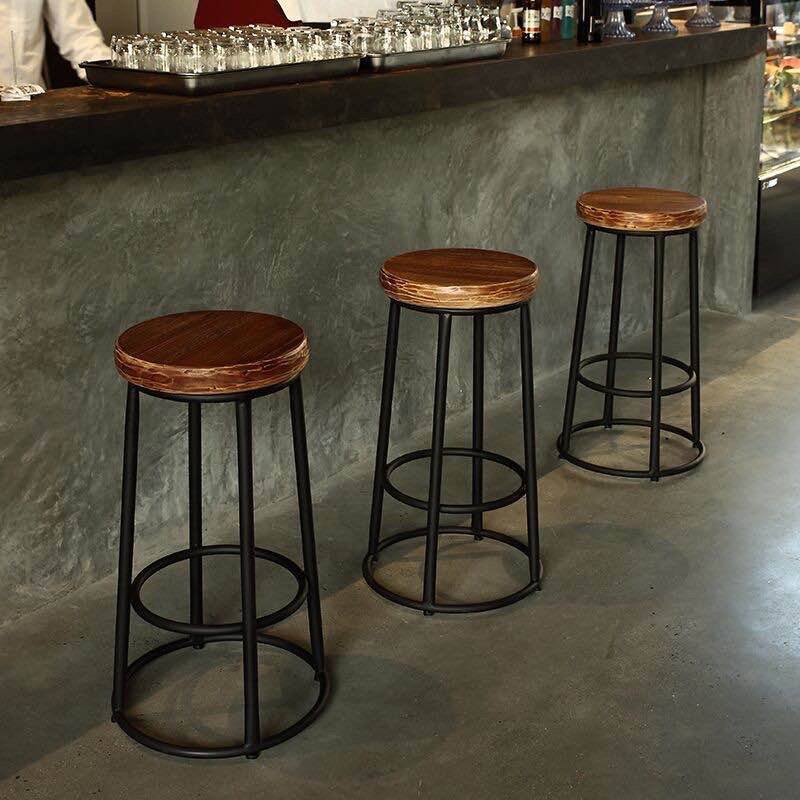 Industrial Round Bar Stools Solid Wood Black Footrest Counter Stool for Shop