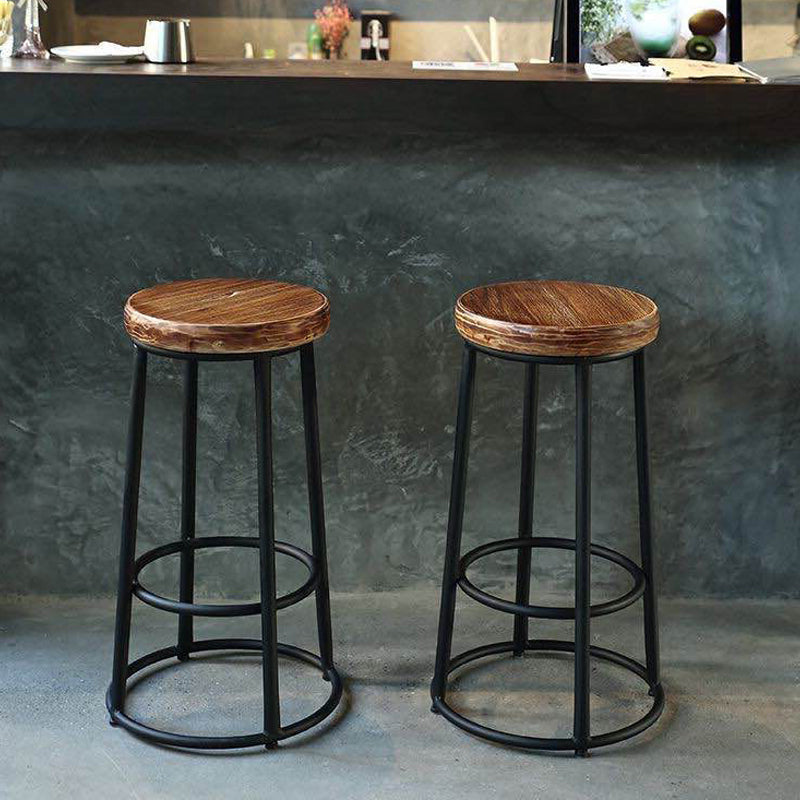 Industrial Round Bar Stools Solid Wood Black Footrest Counter Stool for Shop