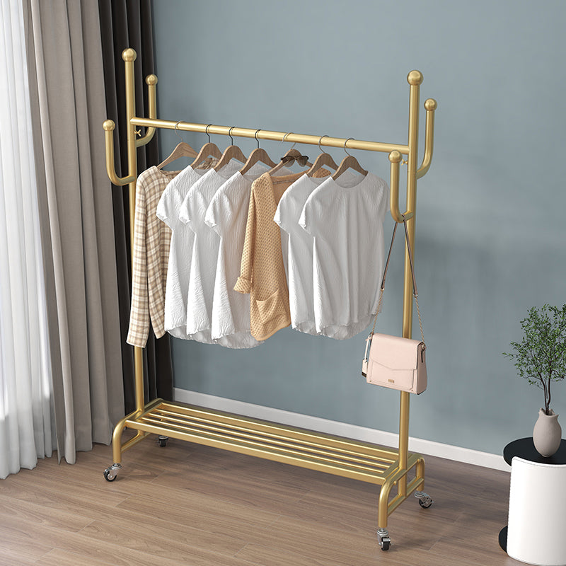 Classic Metal Clothes Hanger Castors Detail Free Standing Coat Rack with Storage Shelving